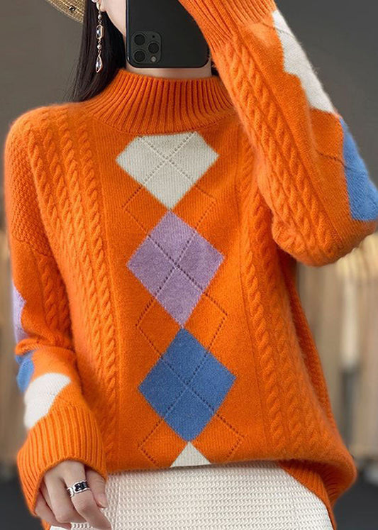 Vecintia - Bohemian Orange Roll Neck Sweater