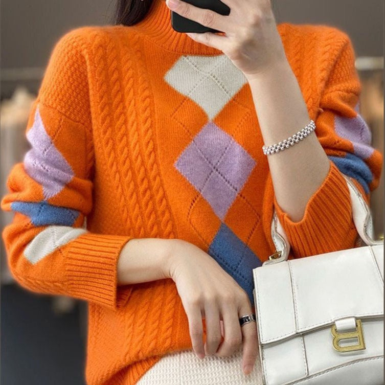 Vecintia - Bohemian Orange Roll Neck Sweater