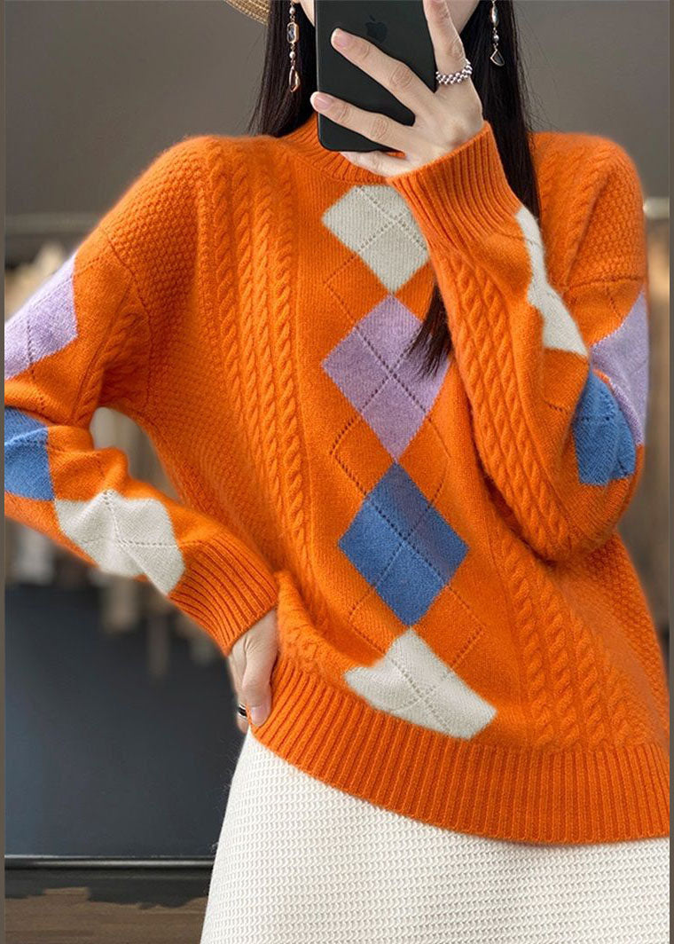 Vecintia - Bohemian Orange Roll Neck Sweater