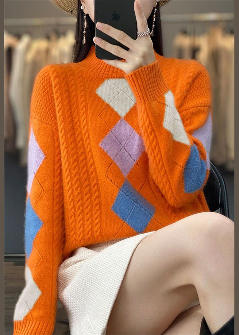 Vecintia - Bohemian Orange Roll Neck Sweater