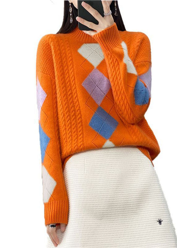 Vecintia - Bohemian Orange Roll Neck Sweater