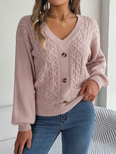 Karina - Langærmet Kabelstrikket Sweater med V-Hals