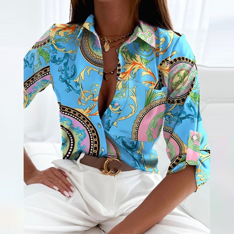 Theome - elegant bluse med nedfældet krave og print